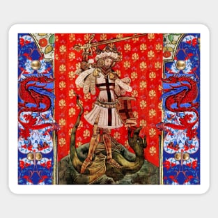 St. George and Dragon Medieval Miniature ,Red Blue White Floral Motifs Sticker